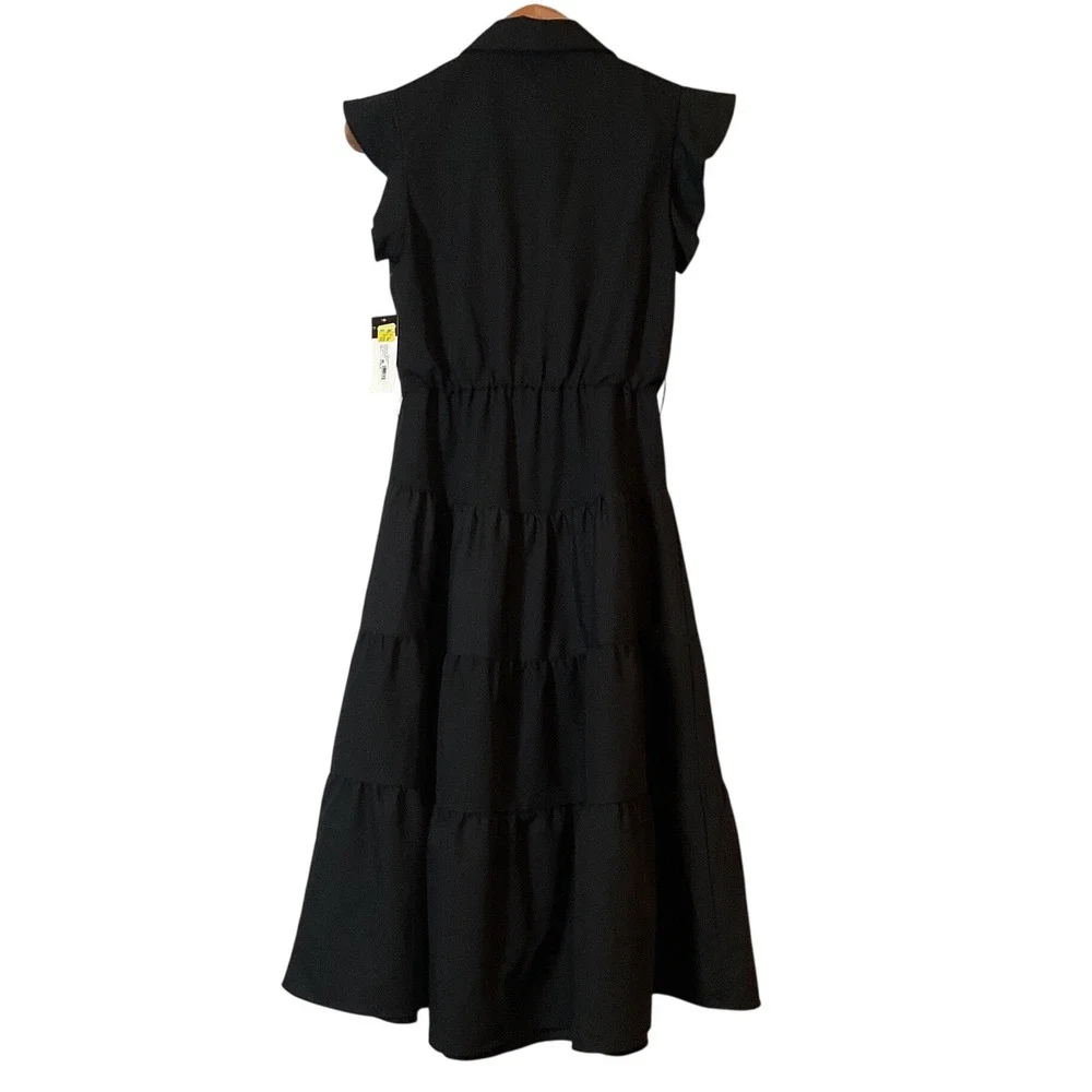Tahari ASL Womens Black Snap Front Tiered Midi Dress Ruffle Cap Sleeve Size 2 - Picture 7 of 9